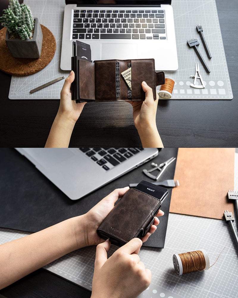 VULKIT VULKIT Credit Card Holder RFID Blocking Leather Automatic Pop Up Wallet Magnetic Wallet Double Card Case for Men and Women Espresso  - Image 4