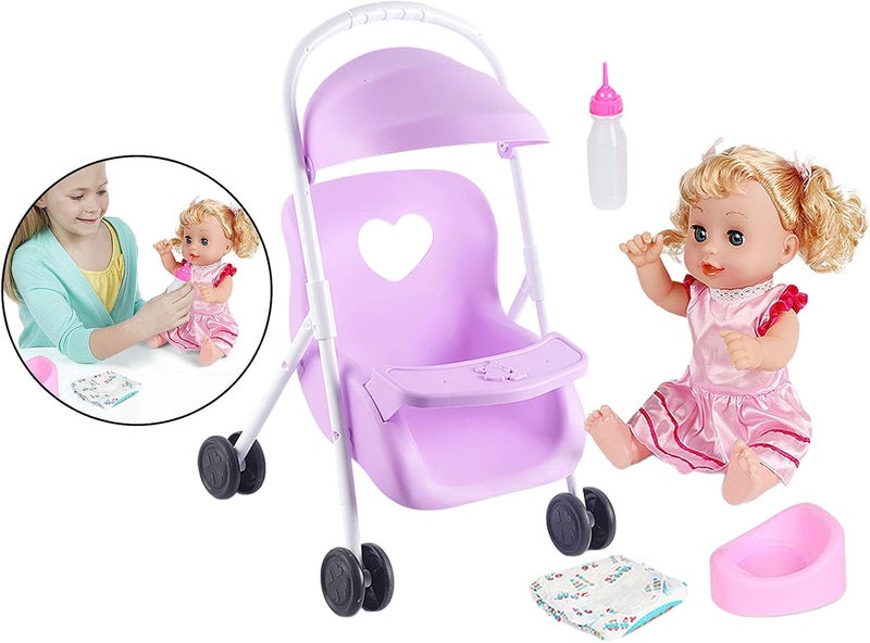 klarako Baby Doll Stroller Set with 12 inch Doll Doll Stroller with Hood and Basket Pretend Play Toy Pram Gift for Toddlers and Kids - Purple - Image 2