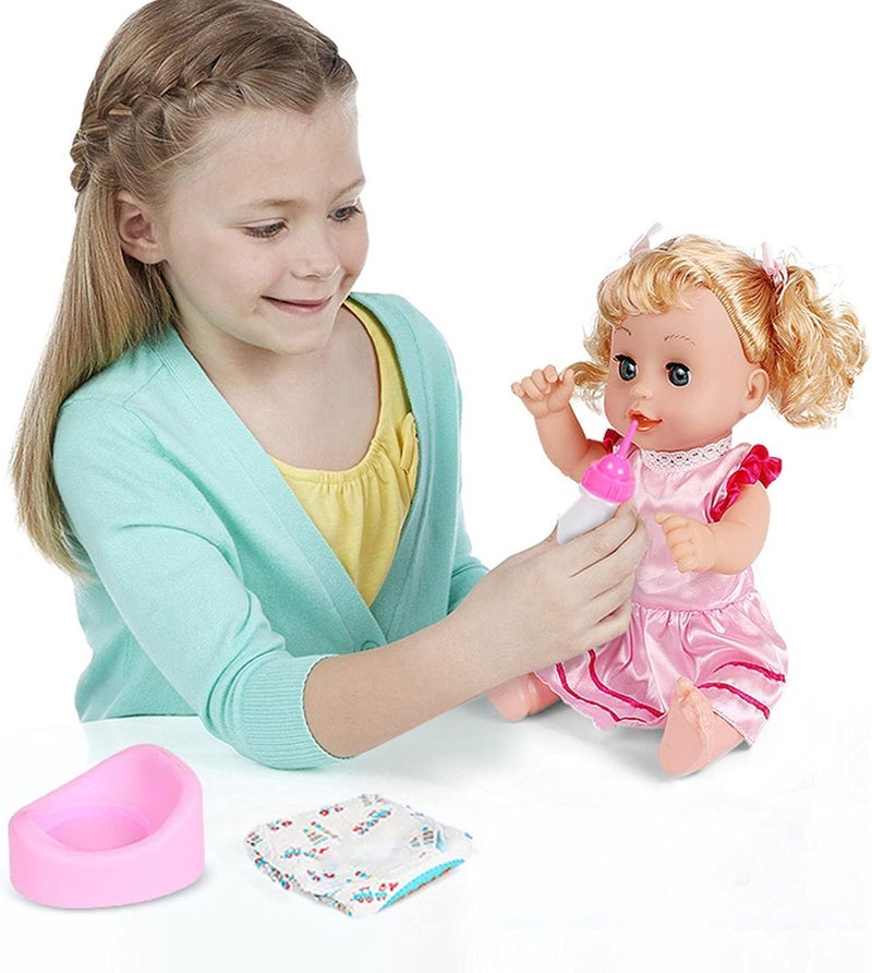 klarako Baby Doll Stroller Set with 12 inch Doll Doll Stroller with Hood and Basket Pretend Play Toy Pram Gift for Toddlers and Kids - Purple - Image 3