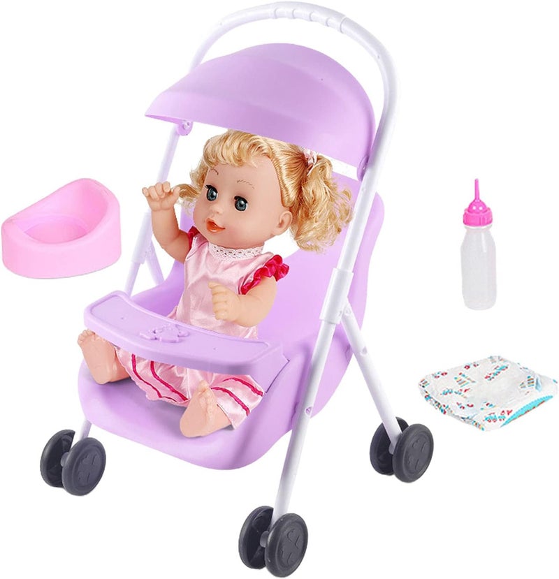 klarako Baby Doll Stroller Set with 12 inch Doll Doll Stroller with Hood and Basket Pretend Play Toy Pram Gift for Toddlers and Kids - Purple - Image 4