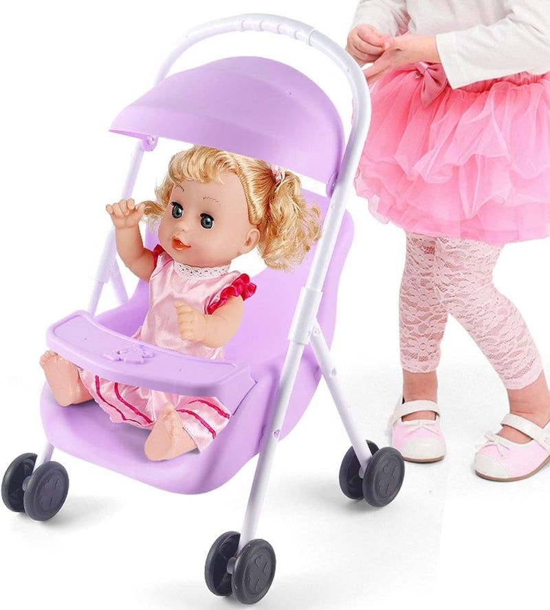 klarako Baby Doll Stroller Set with 12 inch Doll Doll Stroller with Hood and Basket Pretend Play Toy Pram Gift for Toddlers and Kids - Purple - Image 5