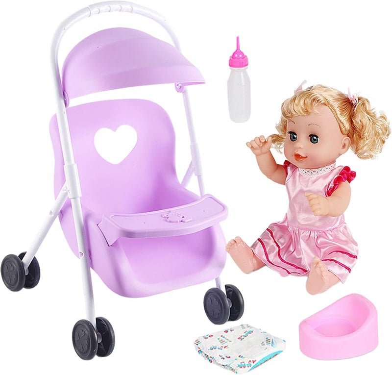 klarako Baby Doll Stroller Set with 12 inch Doll Doll Stroller with Hood and Basket Pretend Play Toy Pram Gift for Toddlers and Kids - Purple - Image 1