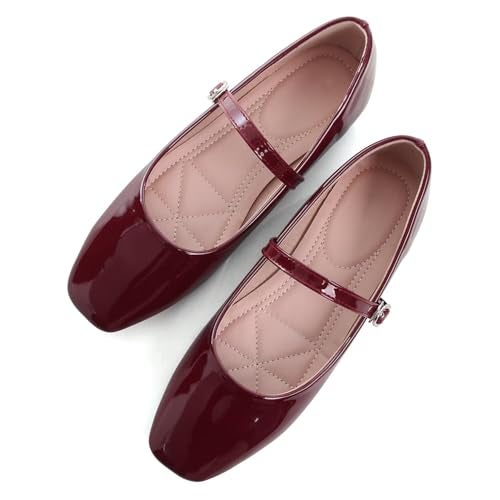 LUXINYU Mary Jane Flat Shoes for Women Patent Leather Square Toe Adjustable Buckle Strap Ballet Dance Shoes,Red 8 - Image 3