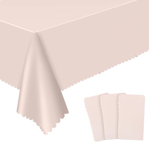 NatNarr 3 Pack Plastic Light Pink Tablecloth, 54 X 108Inch Spring Table Cover Disposable Pink Scalloped Tables Cloth for Rectangle Tables Waterproof Table Cover for Picnic Baby Shower Bridal Tea Party Wedding - Image 1