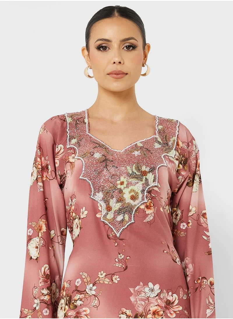 ارابيان كلوزيت Printed V-Neck Jalabya