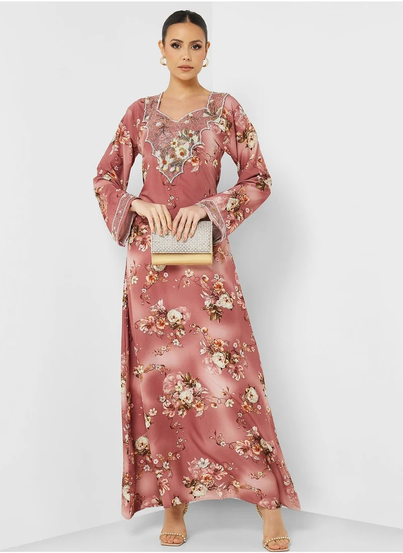 ارابيان كلوزيت Printed V-Neck Jalabya