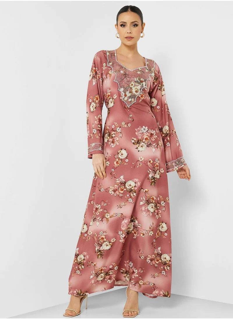 ارابيان كلوزيت Printed V-Neck Jalabya
