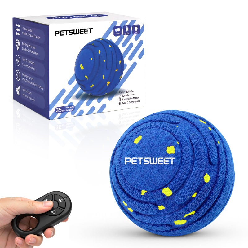 PETSWEET Smart Interactive Dog Toy with Remote Control, E-TPU Toy Ball for Aggressive Chewers, Automatic Moving, IPX6 Waterproof, Rechargeable Rolling Ball for Small/Medium/Large Dogs, BLU&YLW - Image 1