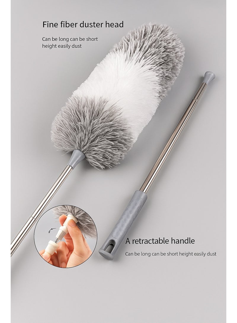 منفضة غبار قابلة للتمديد من الألياف الدقيقة بطول ١٠٠ بوصة | منظف غبار تلسكوبي بمقبض طويل للأسقف والمراوح والسيارات والنوافذ والاستخدام المنزلي | عمود من الفولاذ المقاوم للصدأ ورأس من الألياف الناعمة القابلة للغسل - رمادي وأبيض - Image 5