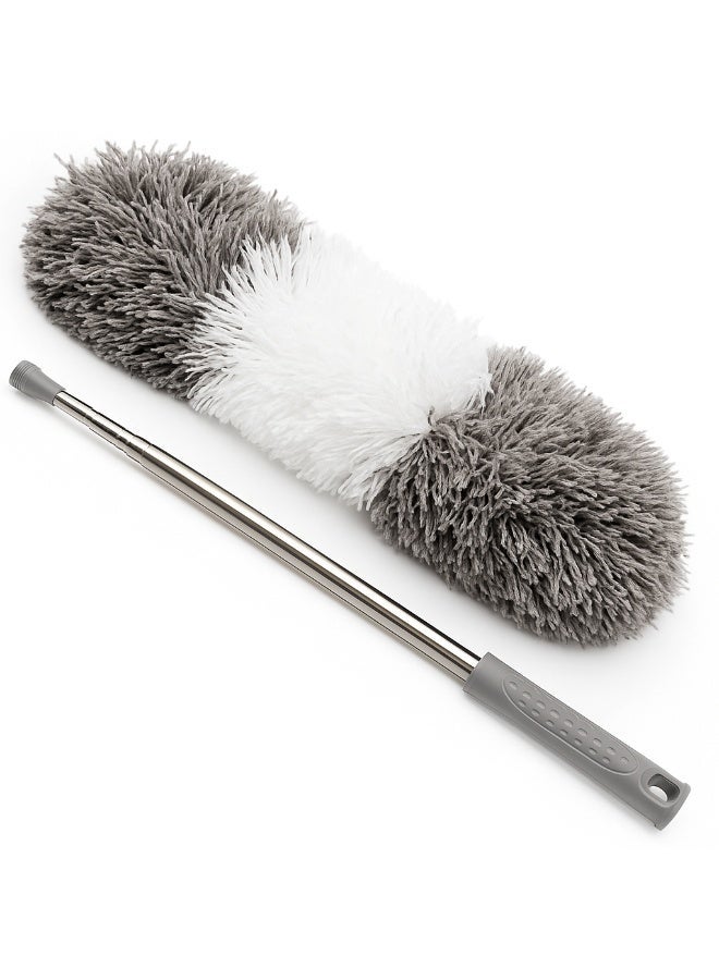 منفضة غبار قابلة للتمديد من الألياف الدقيقة بطول ١٠٠ بوصة | منظف غبار تلسكوبي بمقبض طويل للأسقف والمراوح والسيارات والنوافذ والاستخدام المنزلي | عمود من الفولاذ المقاوم للصدأ ورأس من الألياف الناعمة القابلة للغسل - رمادي وأبيض - Image 1