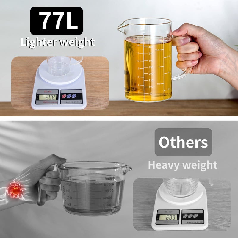 77L Glass Measuring Cup, [Insulated handle, V-Shaped Spout], High Borosilicate Glass Measuring Cup for Kitchen or Restaurant, Easy To Read, 500 ML (0.5 Liter, 2 Cup) - Image 3