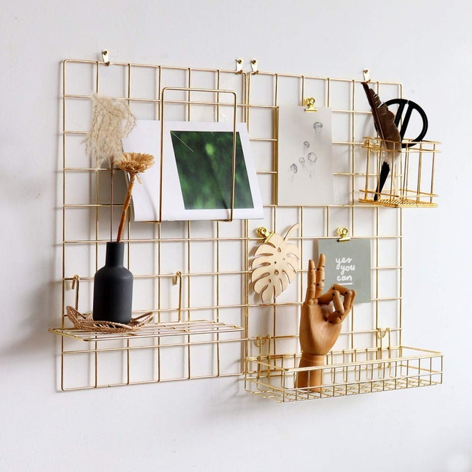 Wall Grid Panel for Photo DisplayWall Storage Organizer5 Metal Clips 3 S Hooks 4 Nails 4 Plastic Hanging Buckles and 4 Screws OfferedSize 175 x 1182 PackGold