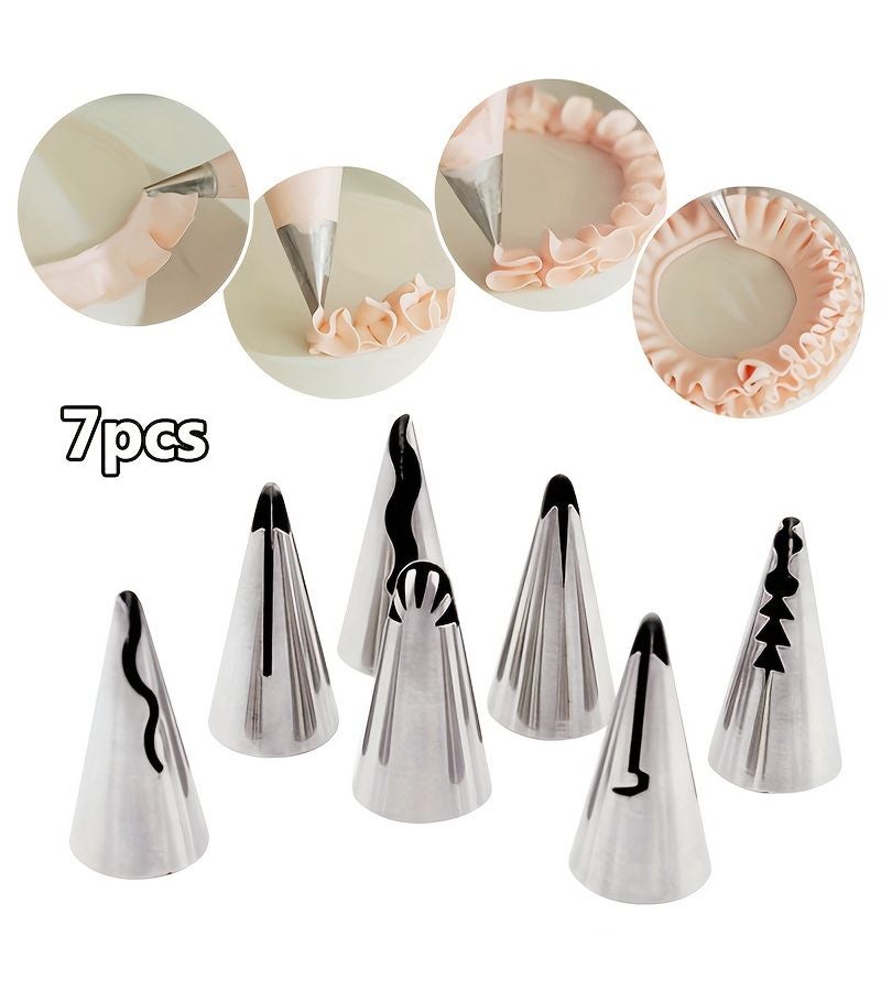 Stainless Steel 7-piece Decorating Nozzle Set Cake Piping Tips For Cream Border Skirt Flower Design Baking Tools Kit - Image 2