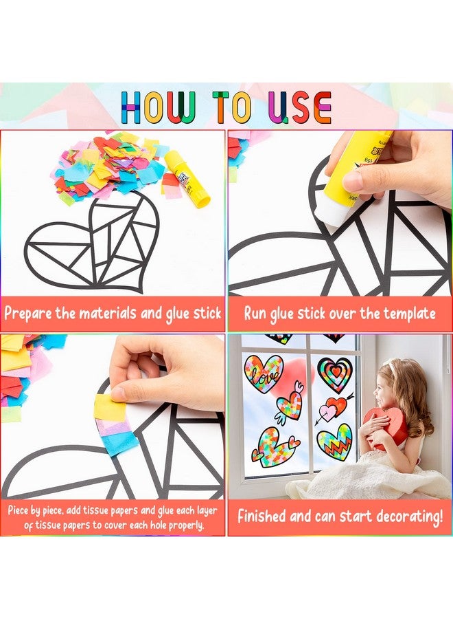 Haooryx 12Pcs Valentines Heart Paper Suncatcher For Kids Heart Shaped Tissue Paper Craft Diy Window Stained Glass Effect Suncatchers For Classroom Art Craft Valentine’S Day Party Game Supplies - Image 5