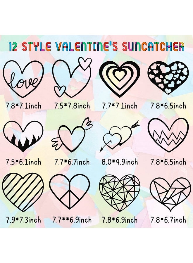 Haooryx 12Pcs Valentines Heart Paper Suncatcher For Kids Heart Shaped Tissue Paper Craft Diy Window Stained Glass Effect Suncatchers For Classroom Art Craft Valentine’S Day Party Game Supplies - Image 3