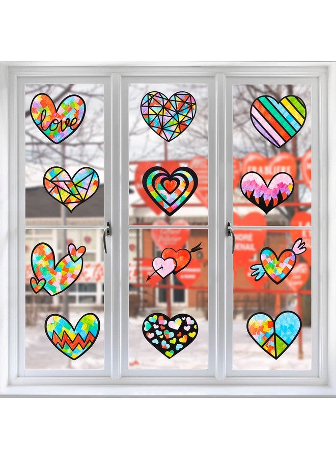 Haooryx 12Pcs Valentines Heart Paper Suncatcher For Kids Heart Shaped Tissue Paper Craft Diy Window Stained Glass Effect Suncatchers For Classroom Art Craft Valentine’S Day Party Game Supplies - Image 1