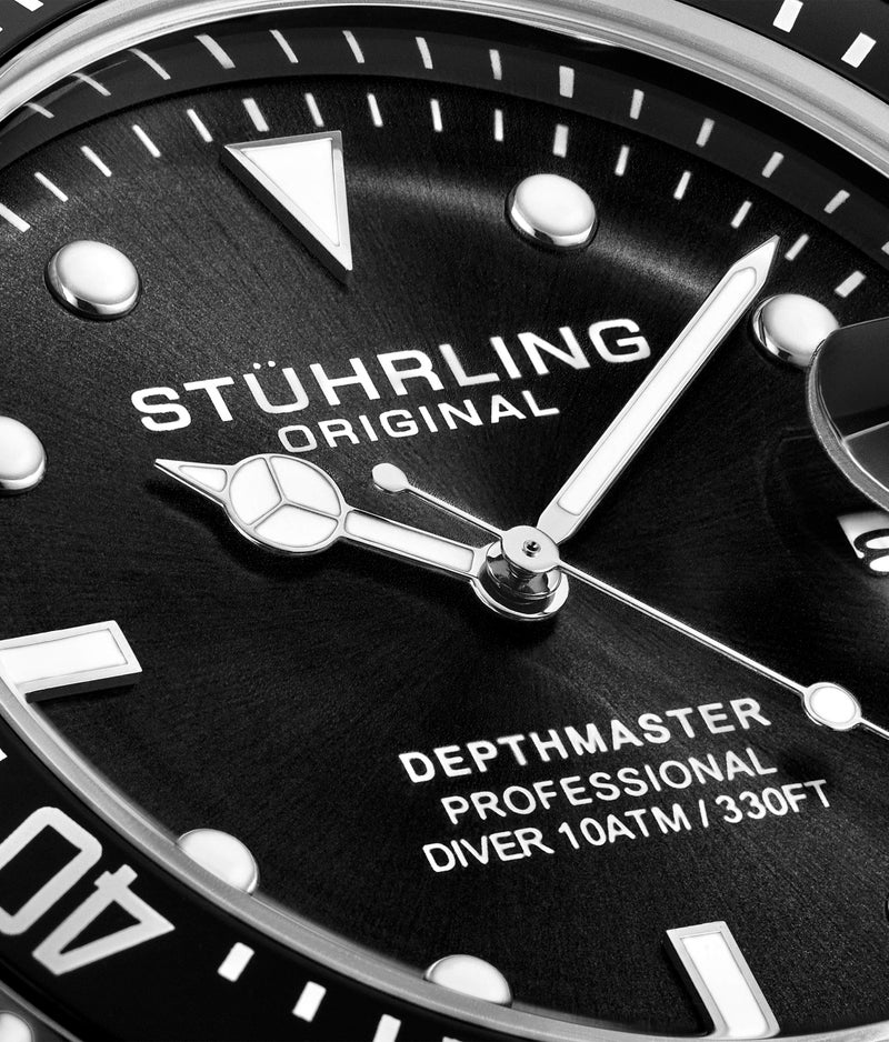 Stuhrling Original Men's Watch Dive Watch Silver 42 MM Case with Screw Down Crown Rubber Strap Water Resistant to 330 FT (Black) - Image 5