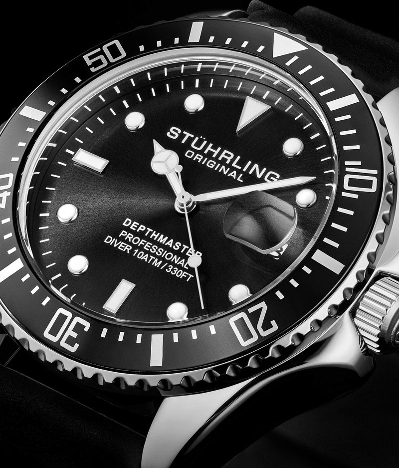 Stuhrling Original Men's Watch Dive Watch Silver 42 MM Case with Screw Down Crown Rubber Strap Water Resistant to 330 FT (Black) - Image 2