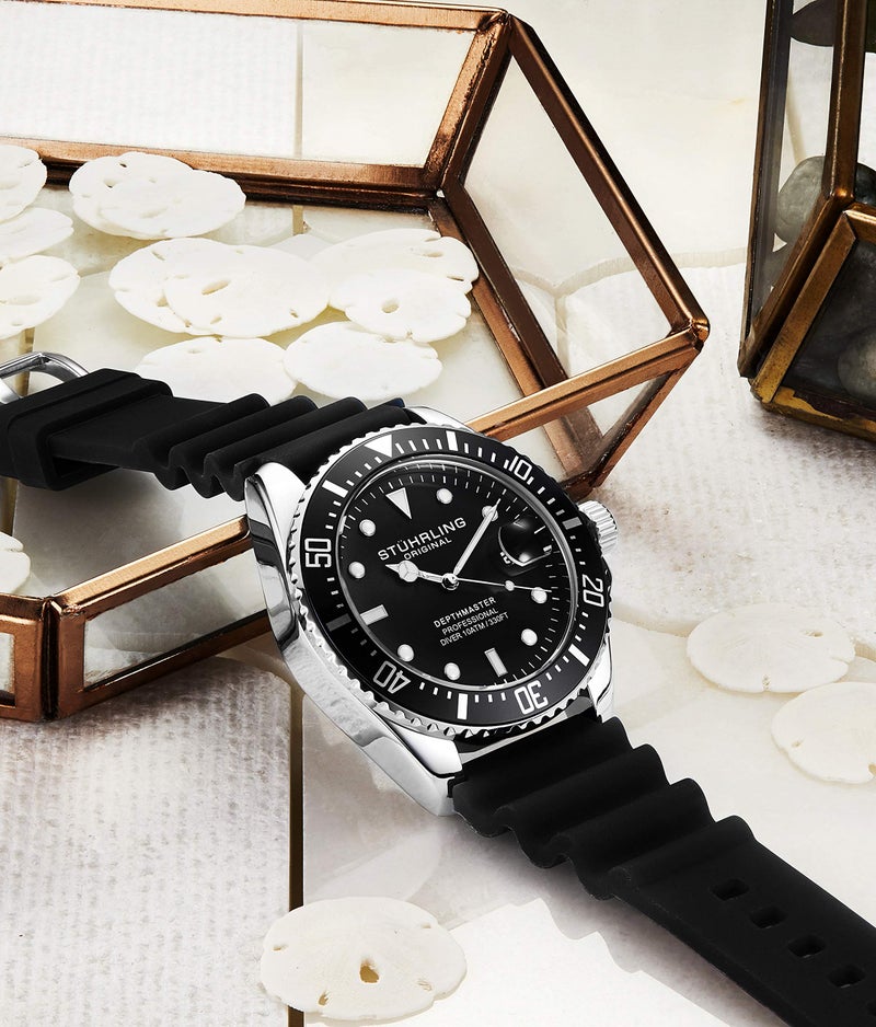 Stuhrling Original Men's Watch Dive Watch Silver 42 MM Case with Screw Down Crown Rubber Strap Water Resistant to 330 FT (Black) - Image 4