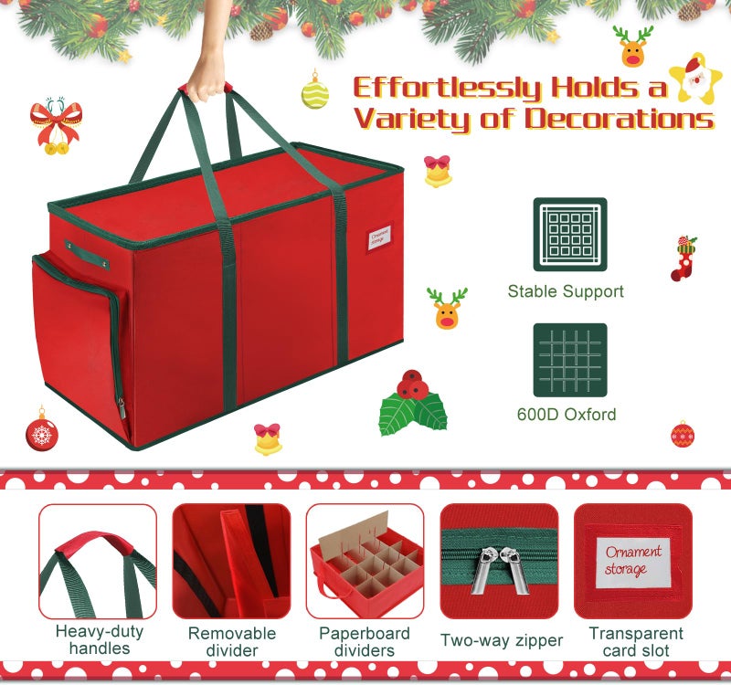 HKQ Large 2-in-1 Christmas Ornament Storage Box & Xmas Figurine Container,4 Separate Trays Keep 64-3"/ 36-4" Holiday Ornaments,Adjustable Extent Area for Figurines and Pockets for Decoration - Image 5