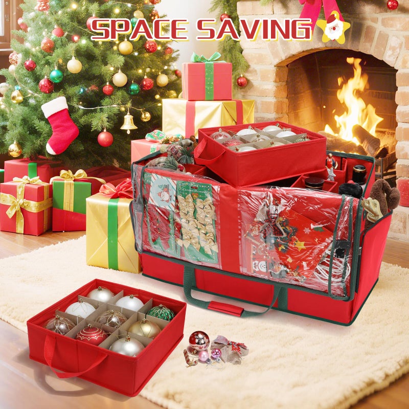 HKQ Large 2-in-1 Christmas Ornament Storage Box & Xmas Figurine Container,4 Separate Trays Keep 64-3"/ 36-4" Holiday Ornaments,Adjustable Extent Area for Figurines and Pockets for Decoration - Image 3
