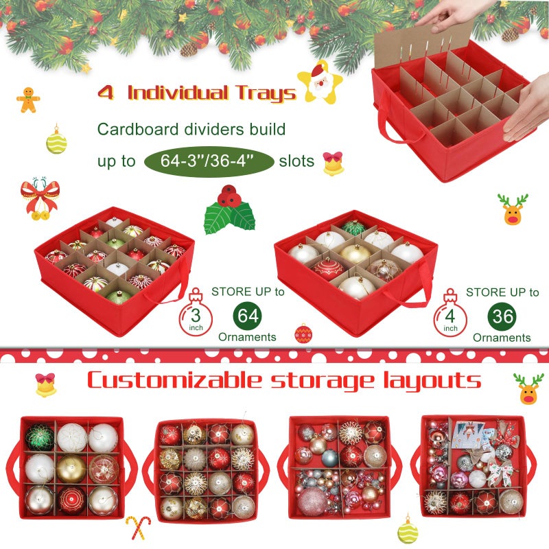 HKQ Large 2-in-1 Christmas Ornament Storage Box & Xmas Figurine Container,4 Separate Trays Keep 64-3"/ 36-4" Holiday Ornaments,Adjustable Extent Area for Figurines and Pockets for Decoration - Image 4