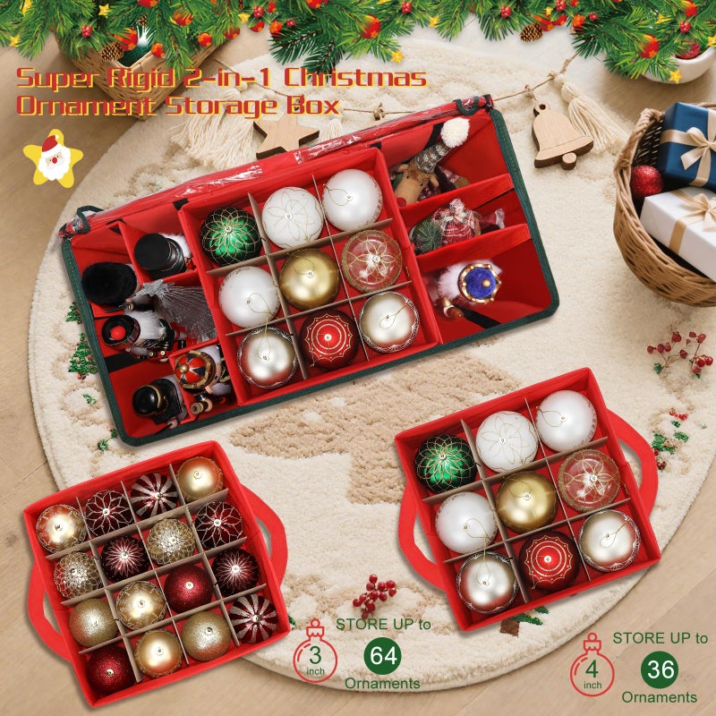 HKQ Large 2-in-1 Christmas Ornament Storage Box & Xmas Figurine Container,4 Separate Trays Keep 64-3"/ 36-4" Holiday Ornaments,Adjustable Extent Area for Figurines and Pockets for Decoration - Image 2