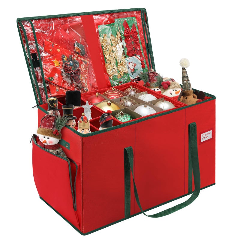 HKQ Large 2-in-1 Christmas Ornament Storage Box & Xmas Figurine Container,4 Separate Trays Keep 64-3"/ 36-4" Holiday Ornaments,Adjustable Extent Area for Figurines and Pockets for Decoration - Image 1