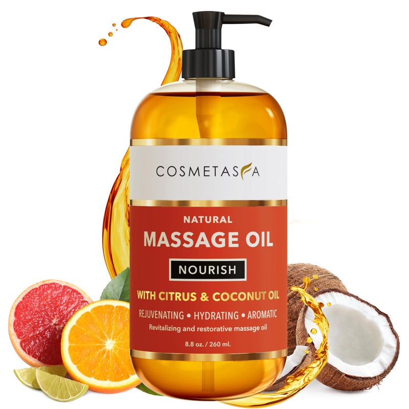 Cosmetasa Natural Nourishing Citrus Coconut Massage Oil Smooth Glide Non Greasy Therapeutic Massage Oils with Rejuvenating Hydrating Aromatic Essential Oils for Dry Skin Soothes Muscle Joints 88 oz