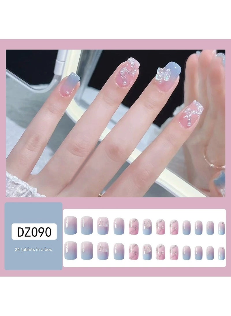 Goolsky Icy Transparent Pearl Rhinestone Press On Nails 3D Butterfly Glitter Elegant Fake Nail Tips  - Image 1