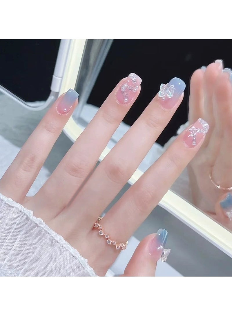 Goolsky Icy Transparent Pearl Rhinestone Press On Nails 3D Butterfly Glitter Elegant Fake Nail Tips  - Image 2
