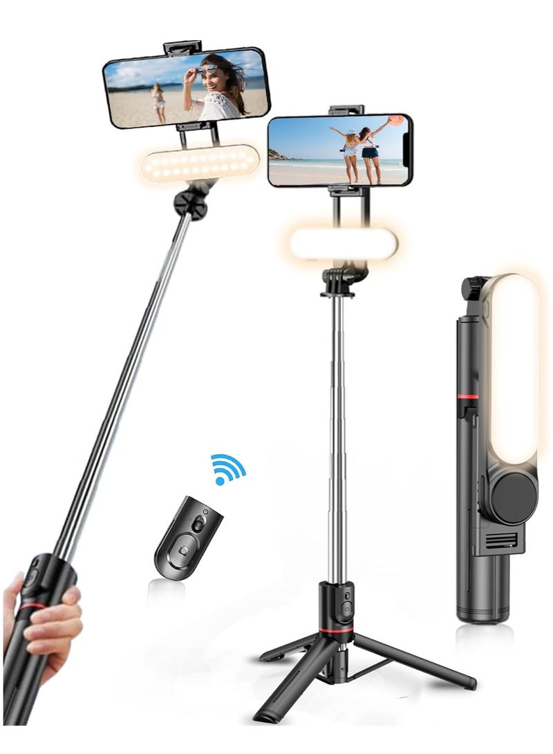L15 43.7-inch selfie stick tripod, a retractable tripod with a rechargeable Bluetooth remote control, a detachable fill light, compatible with iPhone and Android smartphones, perfect for traveling, vlogging, videos and photos, black. - Image 2