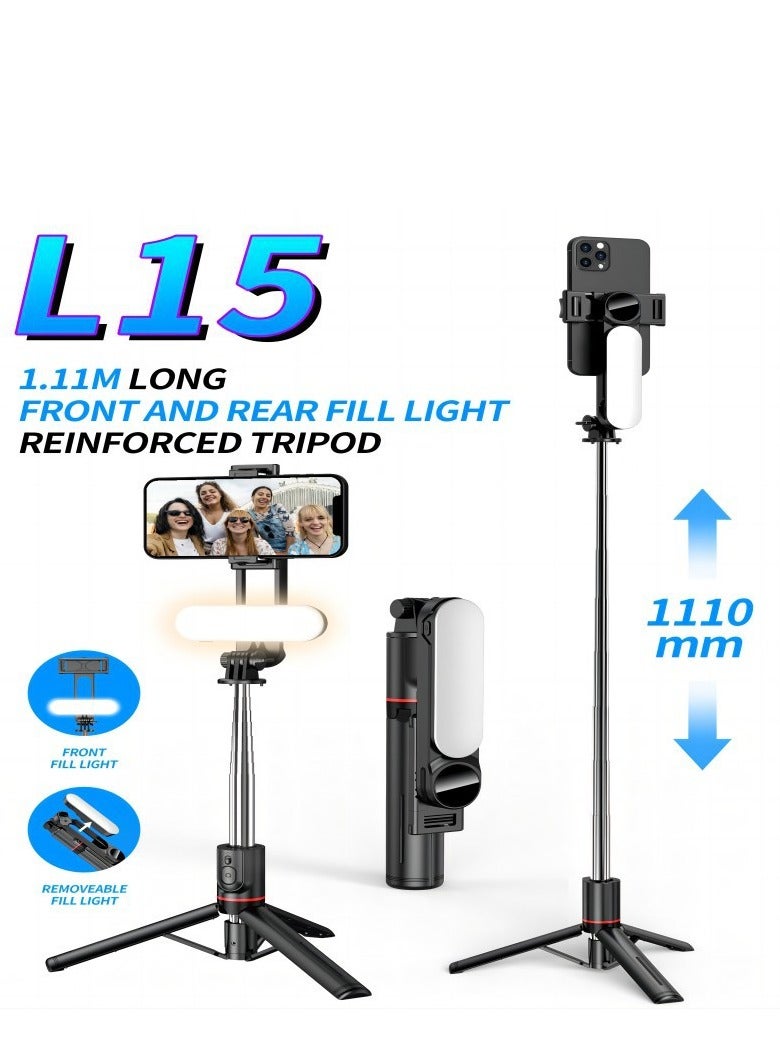 L15 43.7-inch selfie stick tripod, a retractable tripod with a rechargeable Bluetooth remote control, a detachable fill light, compatible with iPhone and Android smartphones, perfect for traveling, vlogging, videos and photos, black. - Image 1