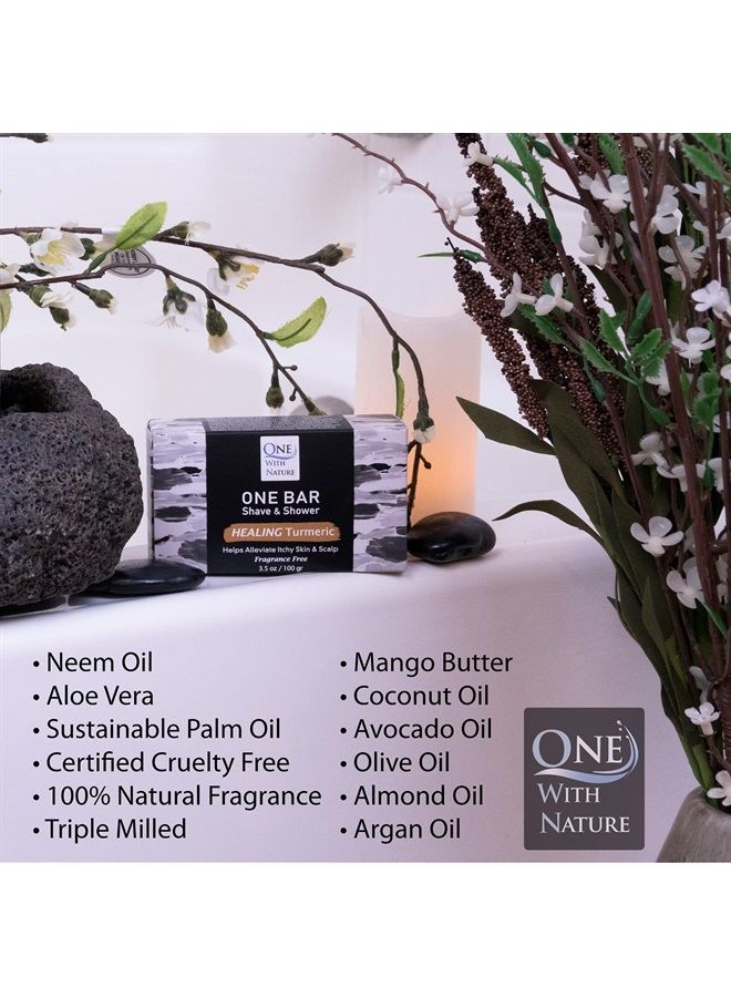 ONE Bar Healing Turmeric, Fragrance Free 3 Pack - Shave, Shower, Shampoo, face, beard, body, hair/scalp, SuperFAT “oil” Infused: Avocado, Mango, Olive, Coconut, Argan, Nourishing Oil.