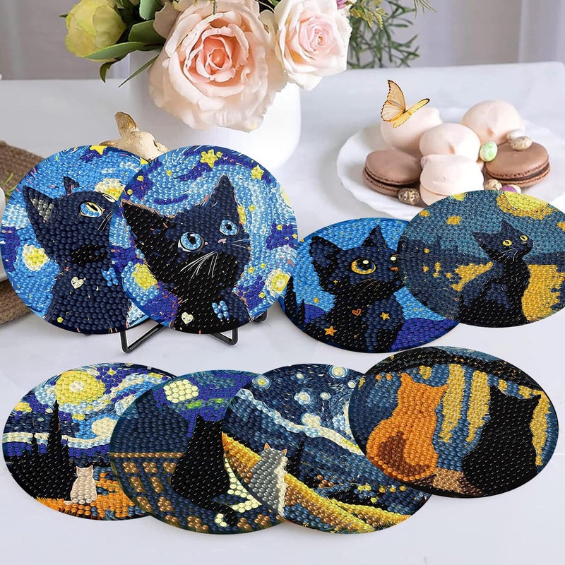 Ekuxom 8 Pcs Cat Diamond Art Coasters Kits with Holder-Diamond Painting Coasters Kits-DIY Crafts Art Coaster Kit for Home Decor - Image 2