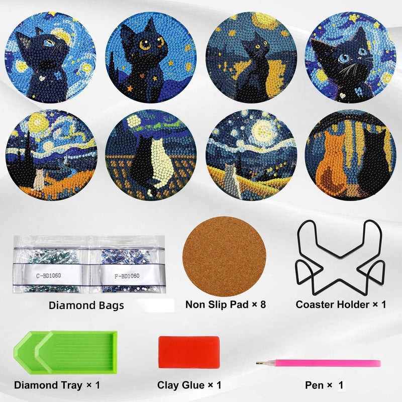 Ekuxom 8 Pcs Cat Diamond Art Coasters Kits with Holder-Diamond Painting Coasters Kits-DIY Crafts Art Coaster Kit for Home Decor - Image 4