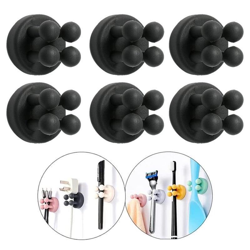 Defrko Silicone Toothbrush Holders 6Pcs Razor Hooks Adhesive Wall Mounted for Hanging Towel Key Plug Cable Utility Decor Stick to Dorm Room Door Function for Kitchen Bathroom Home Office Black