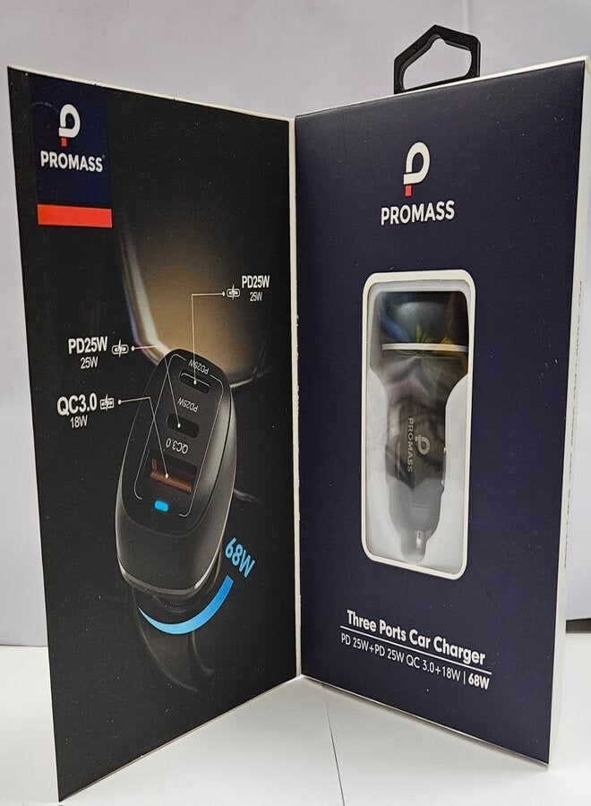 بروماس شاحن سيارة 3 منافذ PD 25W+PD25W QC3.0+18W/68W لون أسود - Image 1