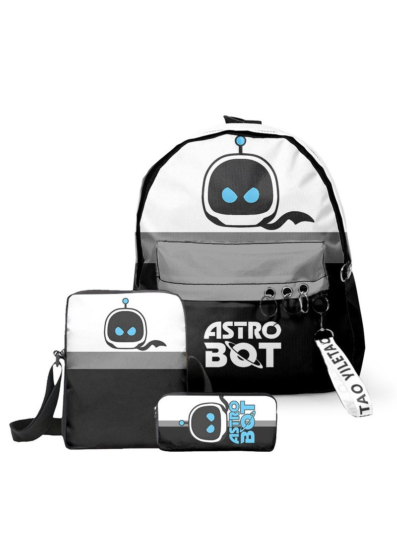 Astro Bot Cartoon Printed 3-Piece Backpack Set - Student Dual-Shoulder Bag (Includes Crossbody Bag and Pencil Case), Durable Polyester and Oxford Fabric