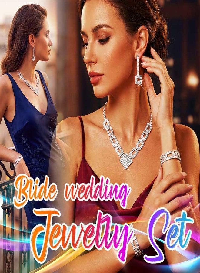 جورايس طقم مجوهرات زفاف فضي من GORAIS، قلادة مرصعة بأحجار الراين، طقم مجوهرات زفاف للنساء والعرائس - Image 4