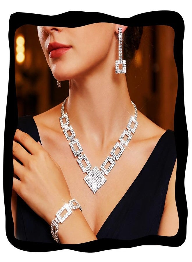 جورايس طقم مجوهرات زفاف فضي من GORAIS، قلادة مرصعة بأحجار الراين، طقم مجوهرات زفاف للنساء والعرائس - Image 1