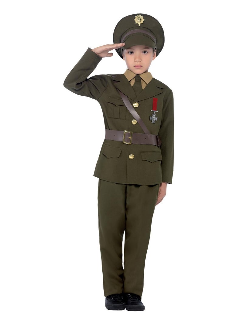 Smiffys Army Officer Costume, Green with Jacket, Belt, Trousers, Hat, Mock Shirt & Tie, Boys Fancy Dress, 1940s Dress Up Costumes - Image 1