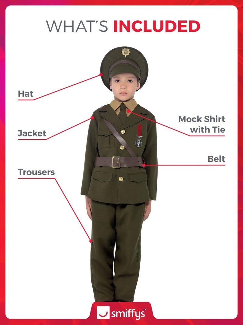 Smiffys Army Officer Costume, Green with Jacket, Belt, Trousers, Hat, Mock Shirt & Tie, Boys Fancy Dress, 1940s Dress Up Costumes - Image 2
