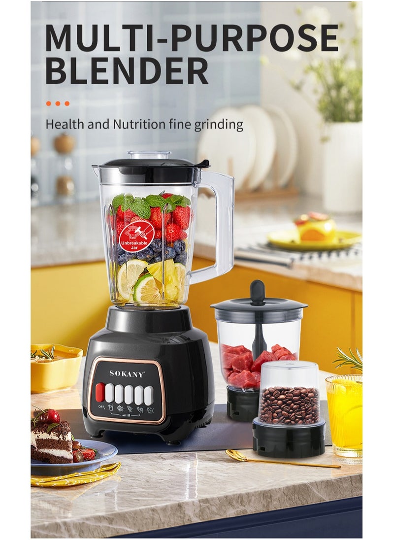 sokany 3-Piece Counter Top Blender Smoothie Maker Mixer With 2 Grinder 1.5 L 600 W SK-03008 Black  - Image 3