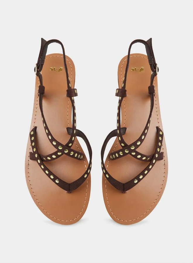 Styli Brown Studded Flat Sandals for Women | Best Price UAE