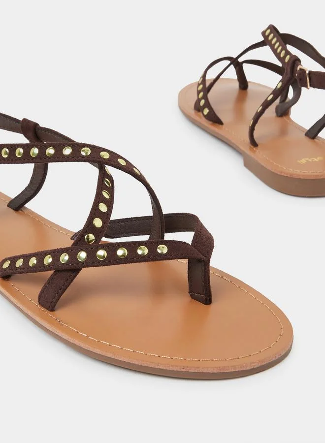 Styli Brown Studded Flat Sandals for Women | Best Price UAE