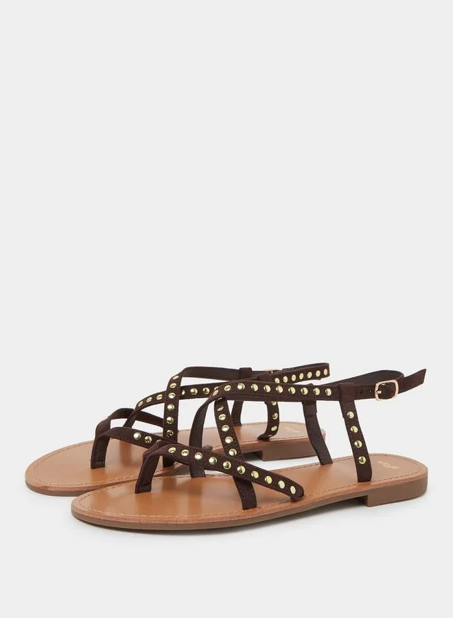 Styli Brown Studded Flat Sandals for Women | Best Price UAE
