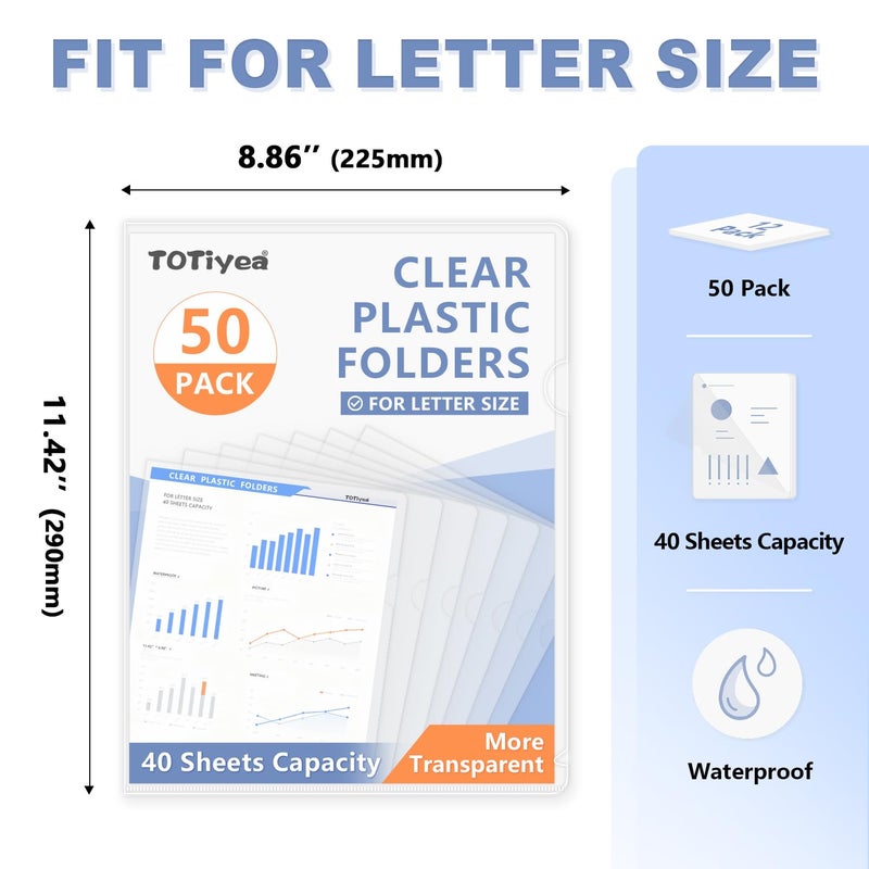 TOTiyea 50 Pack Clear Folder, Plastic L-Type Folders, Clear Copy Safe Project Pocket, Fits Letter Size 8.5x11 Paper, Transparent - Image 2