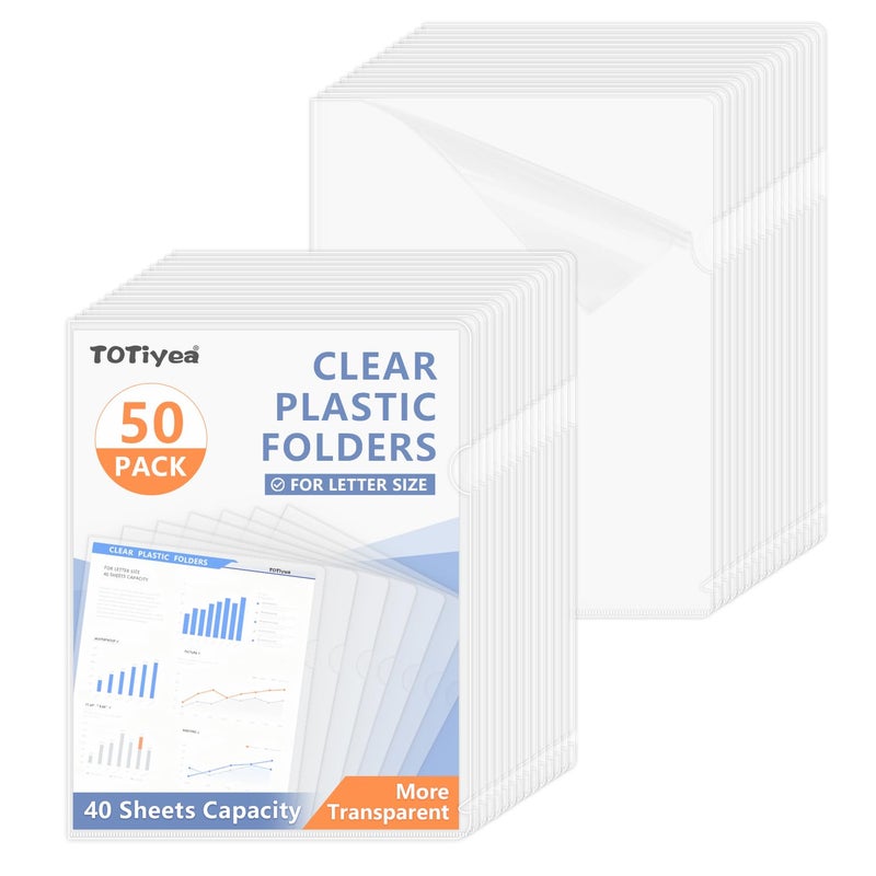 TOTiyea 50 Pack Clear Folder, Plastic L-Type Folders, Clear Copy Safe Project Pocket, Fits Letter Size 8.5x11 Paper, Transparent - Image 1