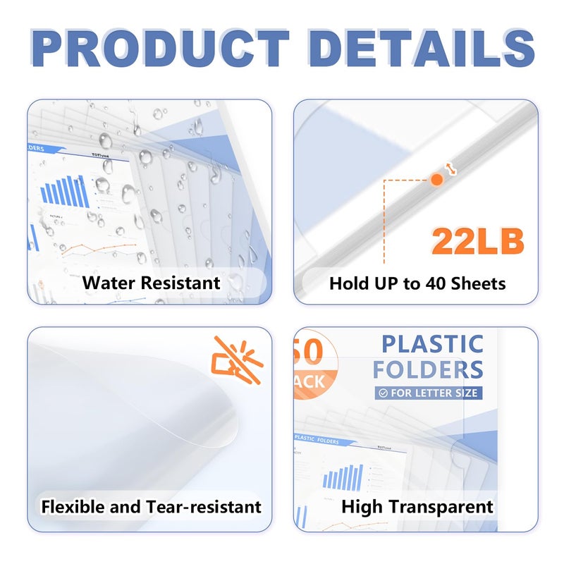 TOTiyea 50 Pack Clear Folder, Plastic L-Type Folders, Clear Copy Safe Project Pocket, Fits Letter Size 8.5x11 Paper, Transparent - Image 5
